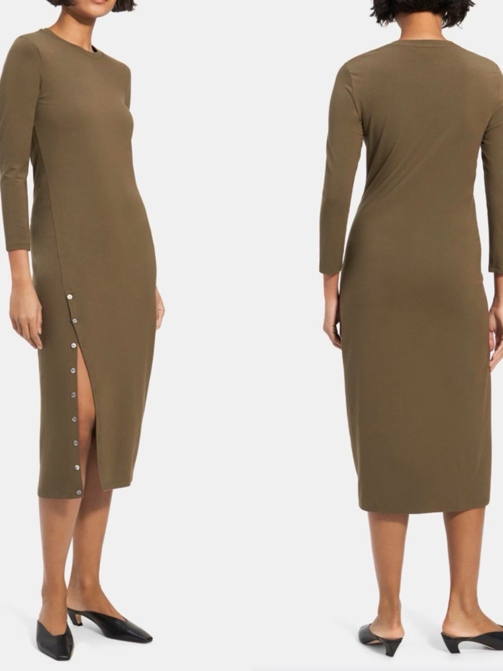 Theory Olive Long-Sleeve Midi Dress with Side Snap Slit